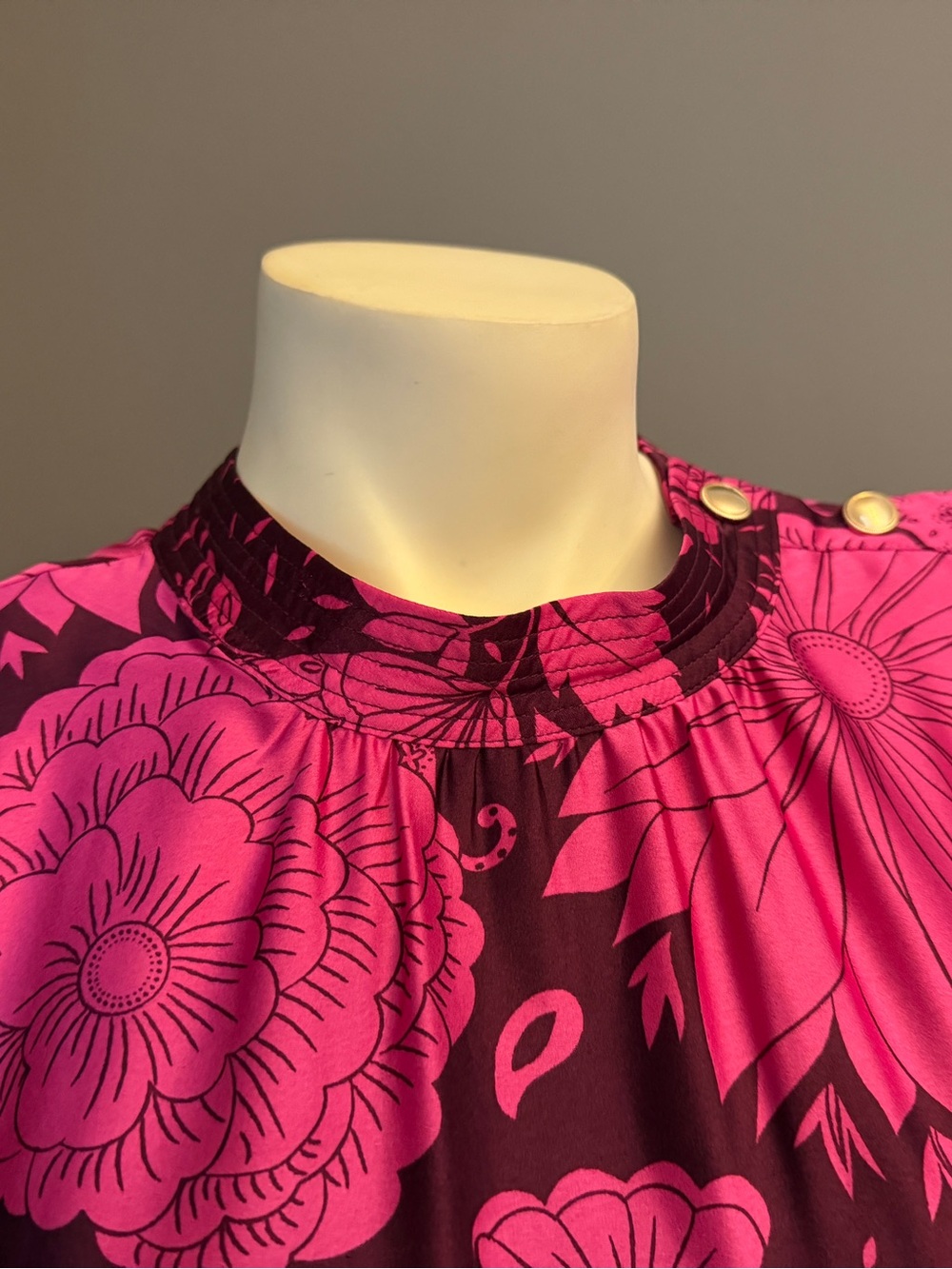 Women’s Pink, red, burgundy Floral Crewneck dress with Button Shoulder
